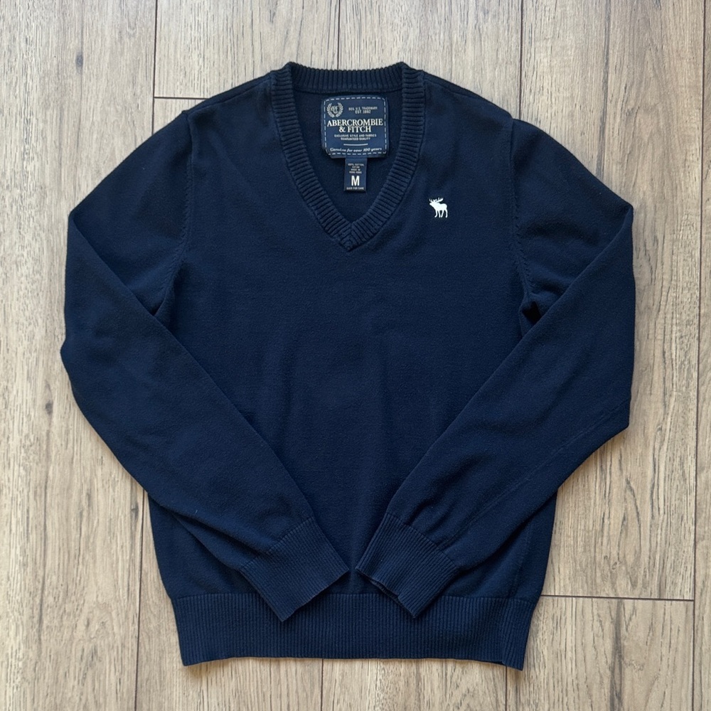 Abercrombie & Fitch Men's V-Neck Sweater Blue Medium 2000s Classic Moose Logo